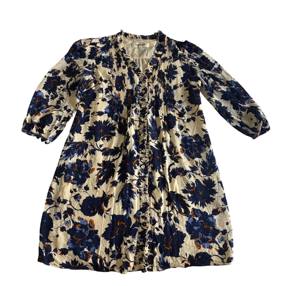 DVF Layla Shirt Dress Sz L Blue & Orange Floral Pintuck Boho Cottage Core - Picture 3 of 11